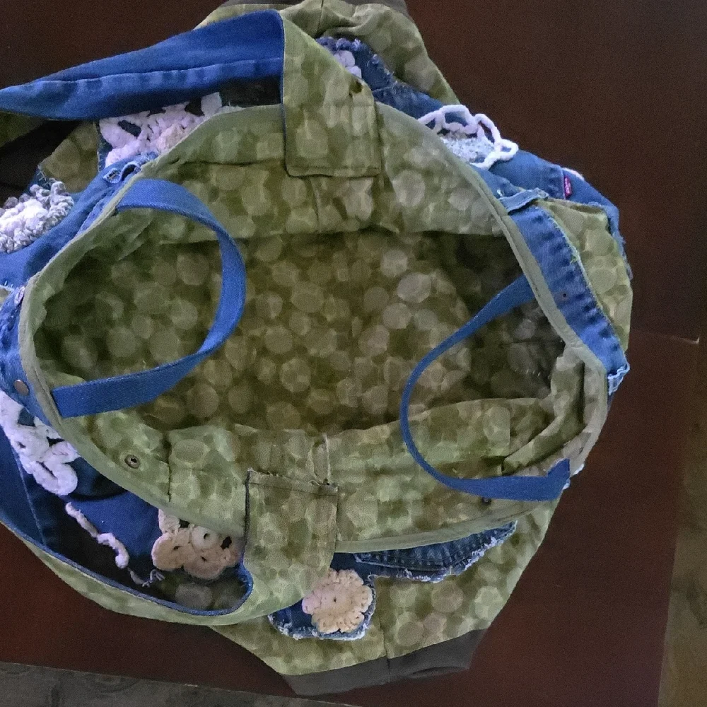 HAND CRAFTED Possible Bag UPCYCLED Blue Denim Jean Crochet Floral 29 X17 Inch - Picture 11 of 15